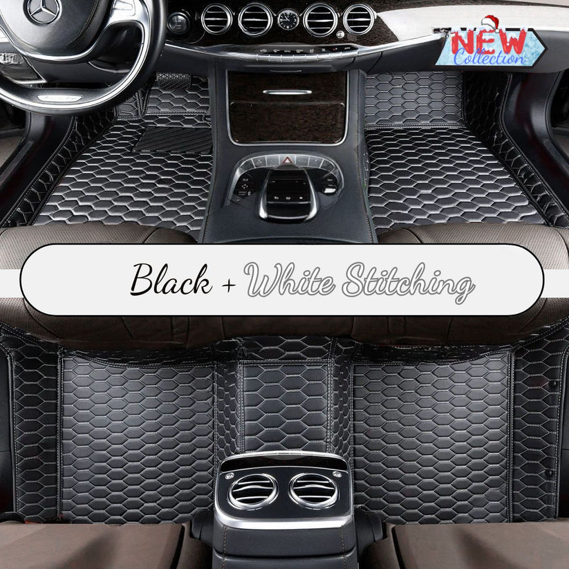 BLACK & WHITE STITCHING HONEY COMB LUXURY CAR MATS SET