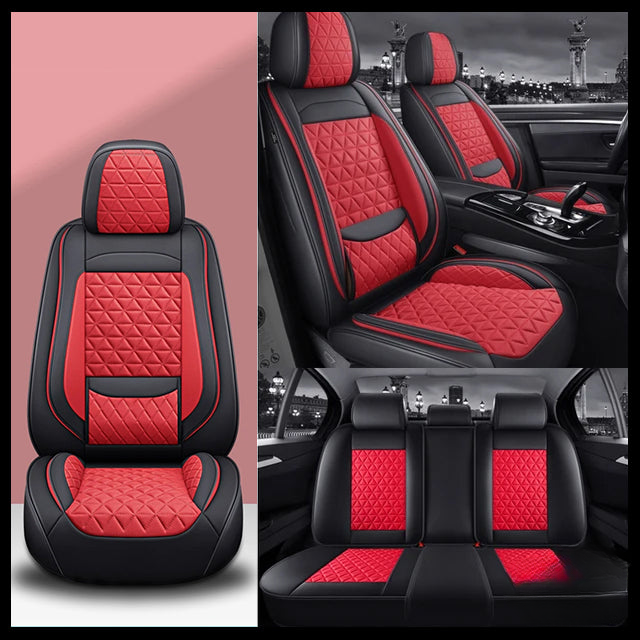 Black & Red Breathable Waterproof Diamond Pattern Leather Seat Cover for Cars