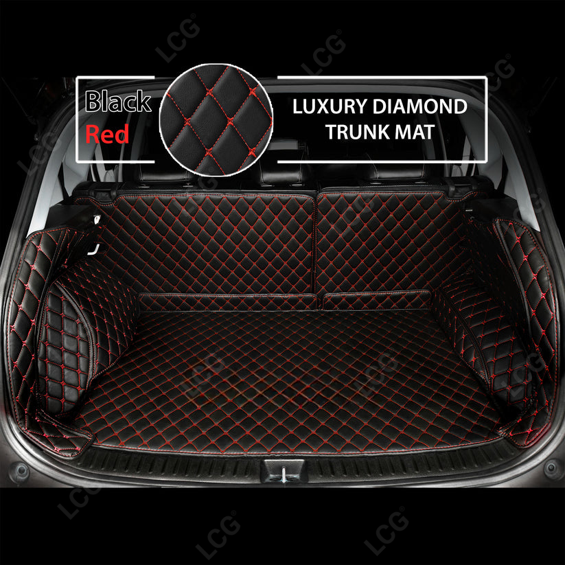 BLACK RED STITCHING 3D DIAMOND LUXURY BASE TRUNK CAR MATS SET