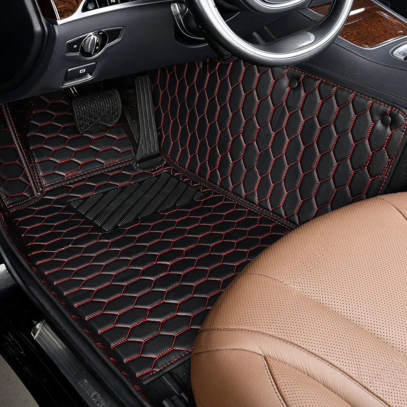 BLACK & RED STITCHING HONEY COMB LUXURY CAR MATS SET
