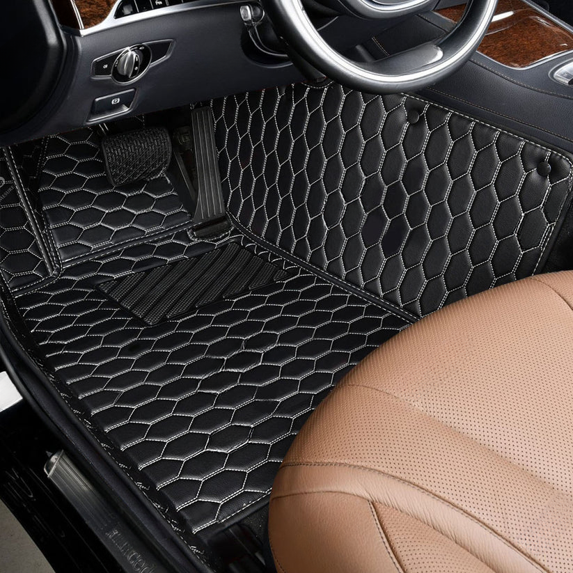 BLACK & WHITE STITCHING HONEY COMB LUXURY CAR MATS SET