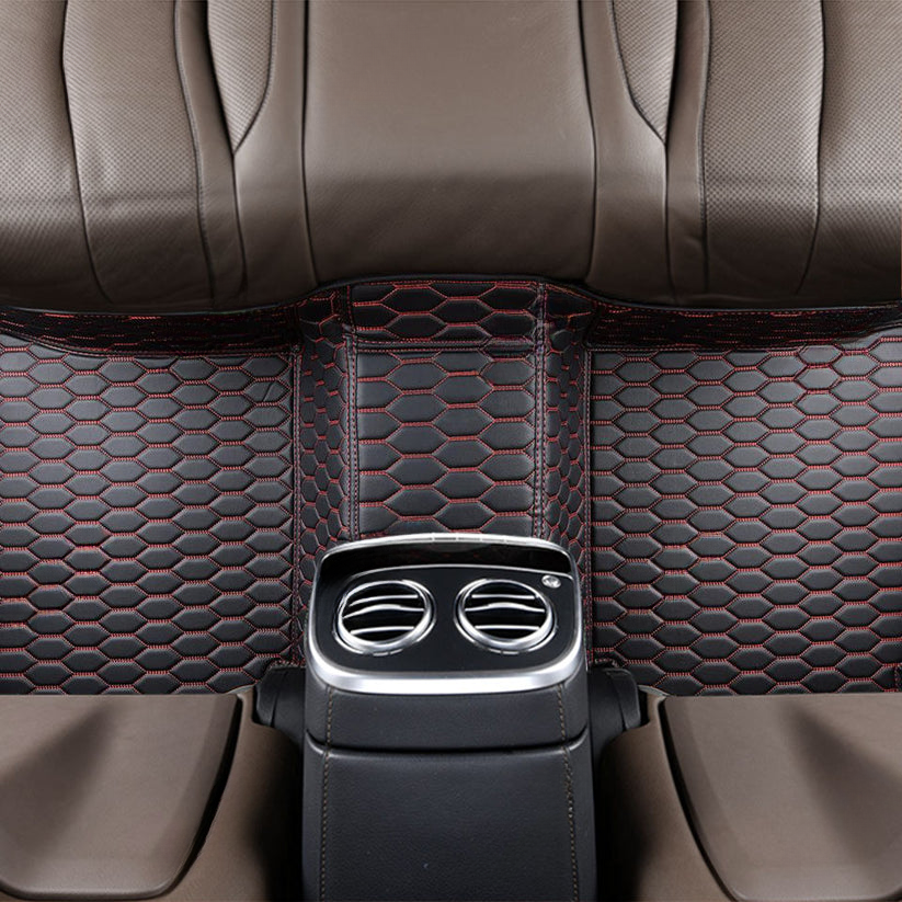 BLACK & RED STITCHING HONEY COMB LUXURY CAR MATS SET