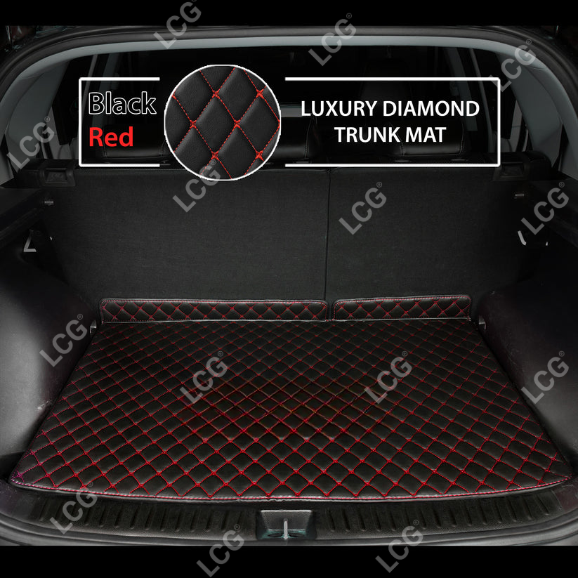 BLACK & RED STITCHING DIAMOND LUXURY BASE TRUNK CAR MATS SET
