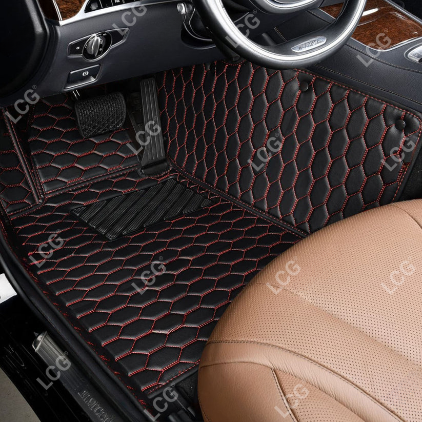BLACK & RED STITCHING HONEY COMB LUXURY CAR MATS SET