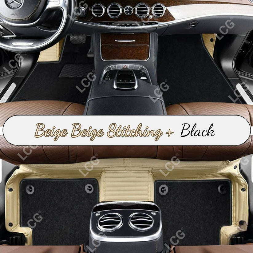 BEIGE STRIPE BASE WITH BLACK TOP CARPET DOUBLE LAYER CAR MAT SET