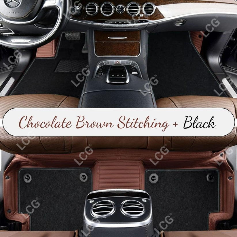CHOCOLATE BROWN STRIPE BASE WITH BLACK TOP CARPET DOUBLE LAYER CAR MAT SET