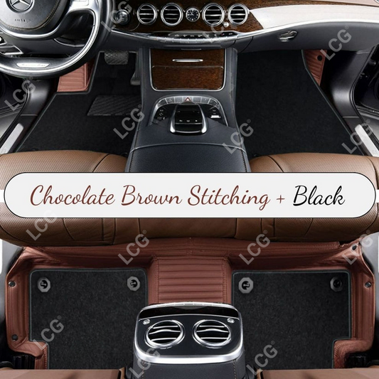 CHOCOLATE BROWN STRIPE BASE WITH BLACK TOP CARPET DOUBLE LAYER CAR MAT SET