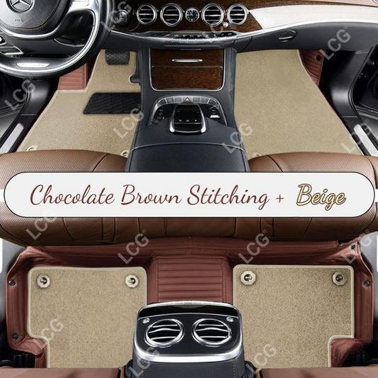 CHOCOLATE BROWN STRIPE BASE WITH BEIGE TOP CARPET DOUBLE LAYER CAR MAT SET