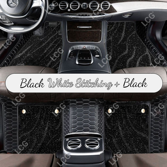 BLACK & WHITE STITCHING HONEYCOMB BASE WITH BLACK TOP CARPET DOUBLE LAYER GALAXY CAR MAT SET