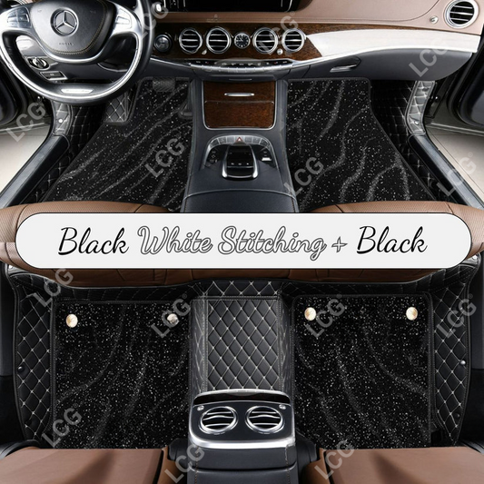BLACK & WHITE STITCHING DIAMOND BASE WITH BLACK TOP CARPET DOUBLE LAYER GALAXY CAR MAT SET