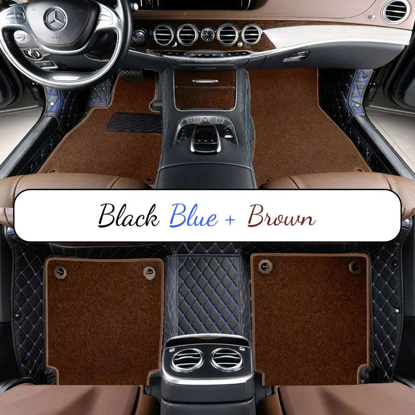 BLACK & BLUE STITCHING DIAMOND BASE WITH BROWN TOP CARPET DOUBLE LAYER CAR MAT SET