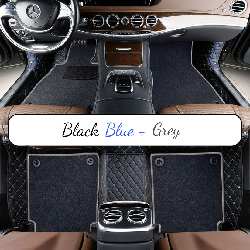 BLACK & BLUE STITCHING DIAMOND BASE WITH GRAY TOP CARPET DOUBLE LAYER CAR MAT SET