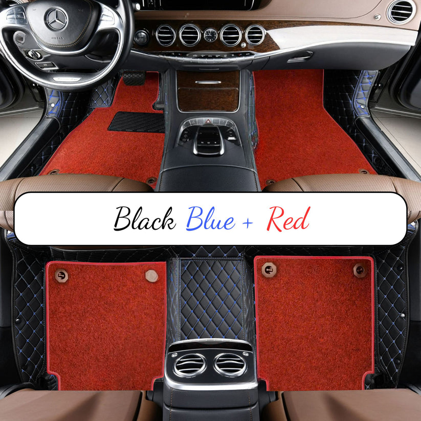 BLACK & BLUE STITCHING DIAMOND BASE WITH RED TOP CARPET DOUBLE LAYER CAR MAT SET
