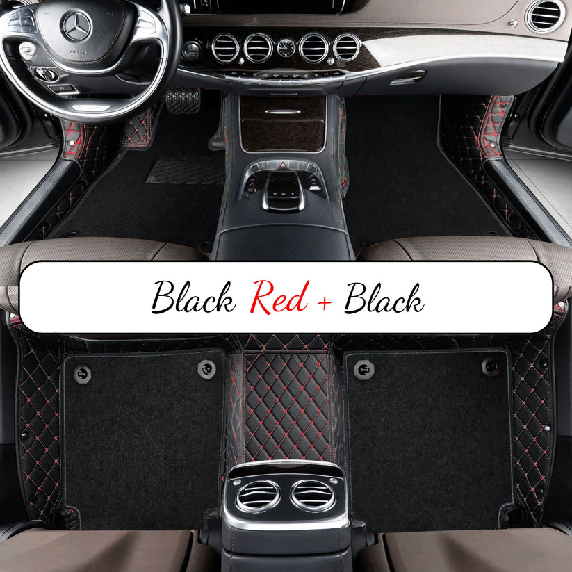 BLACK & RED STITCHING DIAMOND BASE WITH BLACK TOP CARPET DOUBLE LAYER CAR MAT SET
