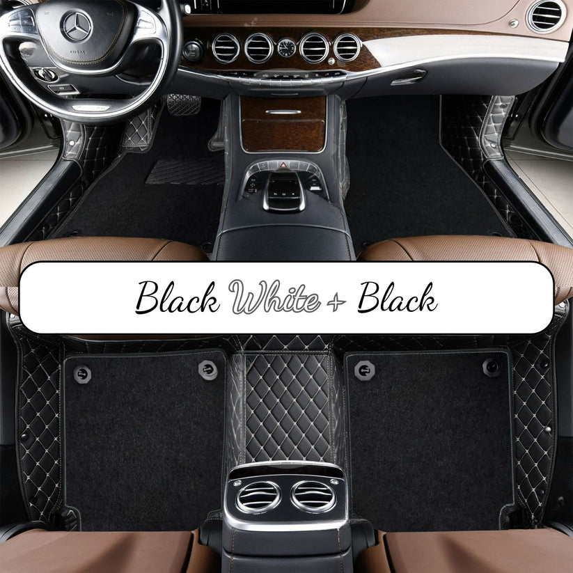 BLACK & WHITE STITCHING DIAMOND BASE WITH BLACK TOP CARPET DOUBLE LAYER CAR MAT SET