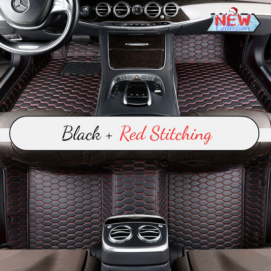 BLACK & RED STITCHING HONEY COMB LUXURY CAR MATS SET