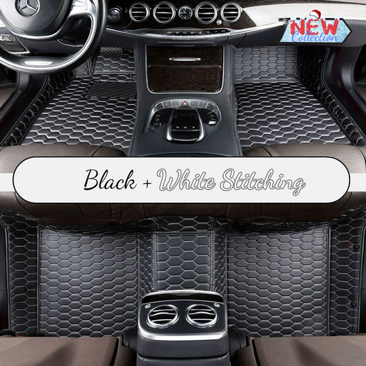 BLACK & WHITE STITCHING HONEY COMB LUXURY CAR MATS SET