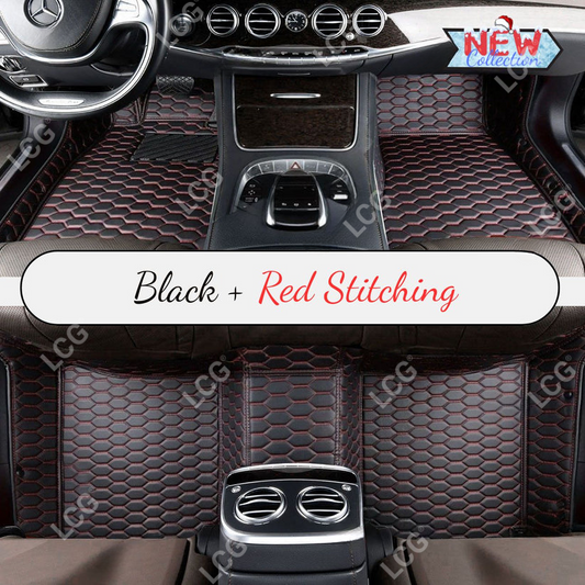 BLACK & RED STITCHING HONEY COMB LUXURY CAR MATS SET