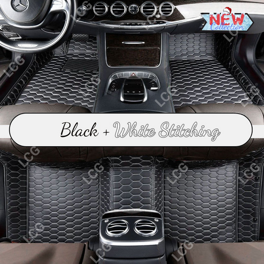 BLACK & WHITE STITCHING HONEY COMB LUXURY CAR MATS SET