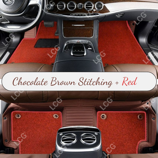CHOCOLATE BROWN STRIPE BASE WITH RED TOP CARPET DOUBLE LAYER CAR MAT SET