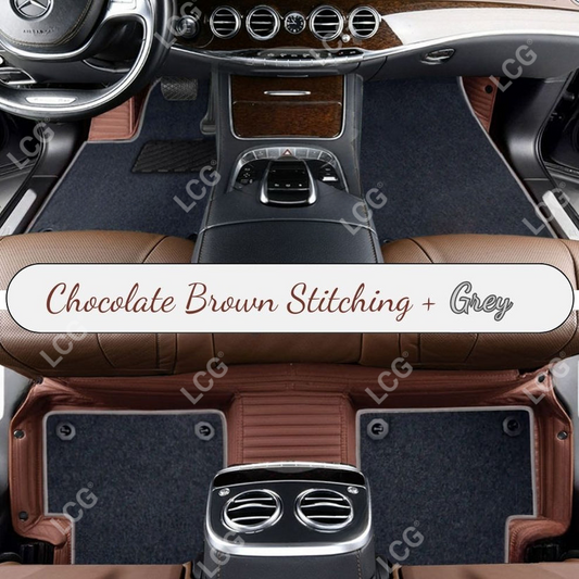 CHOCOLATE BROWN STRIPE BASE WITH GRAY TOP CARPET DOUBLE LAYER CAR MAT SET