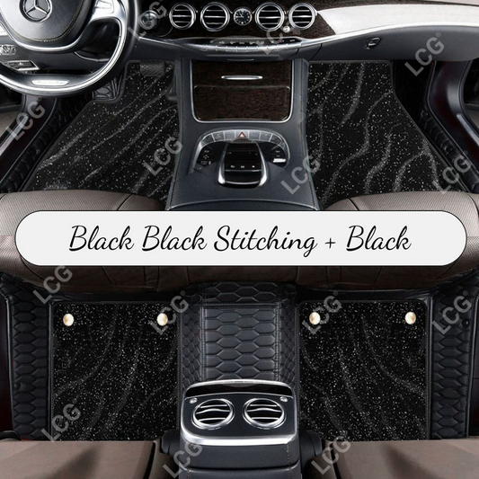 BLACK & BLACK STITCHING HONEYCOMB BASE WITH BLACK TOP CARPET DOUBLE LAYER GALAXY CAR MAT SET