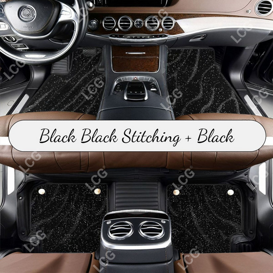 BLACK & WHITE STITCHING STRIPE BASE WITH BLACK TOP CARPET DOUBLE LAYER GALAXY CAR MAT SET