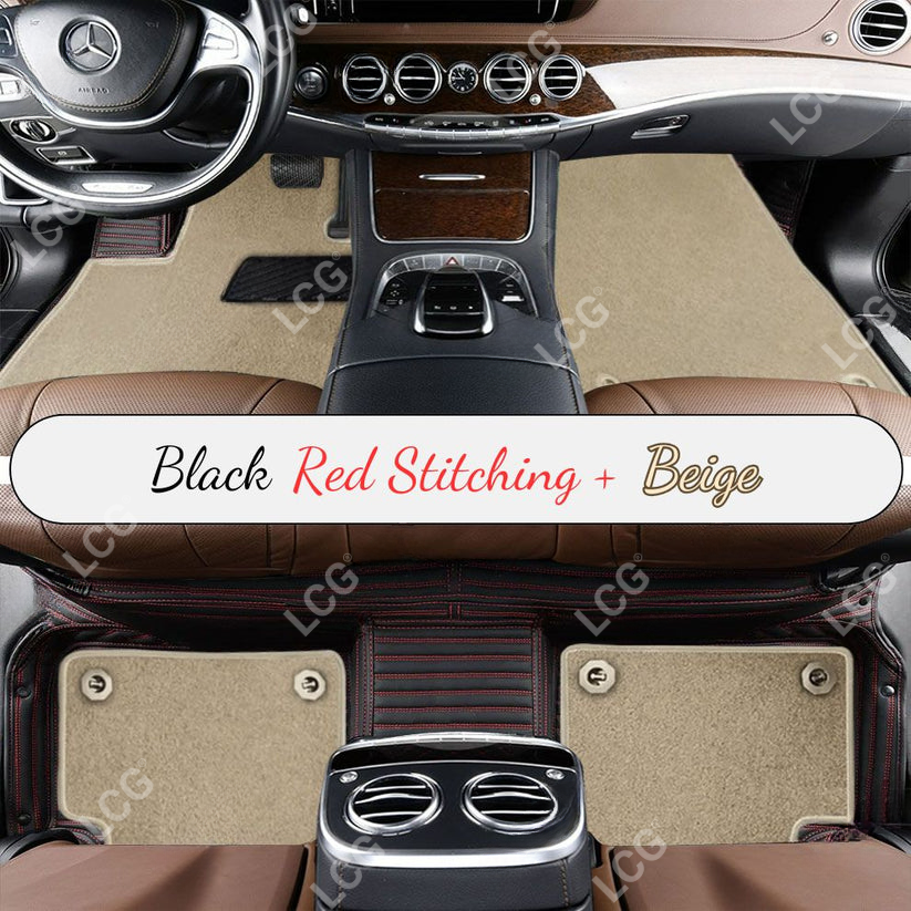 BLACK & RED STITCHING STRIPE BASE WITH BEIGE TOP CARPET DOUBLE LAYER CAR MAT SET