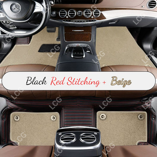 BLACK & RED STITCHING STRIPE BASE WITH BEIGE TOP CARPET DOUBLE LAYER CAR MAT SET