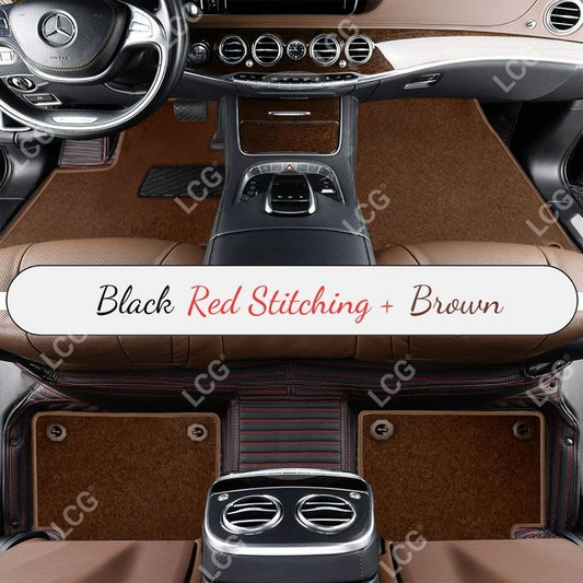BLACK & RED STITCHING STRIPE BASE WITH BROWN TOP CARPET DOUBLE LAYER CAR MAT SET