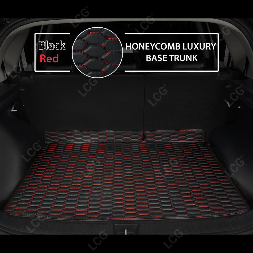BLACK & RED STITCHING HONEYCOMB LUXURY BASE TRUNK CAR MATS SET