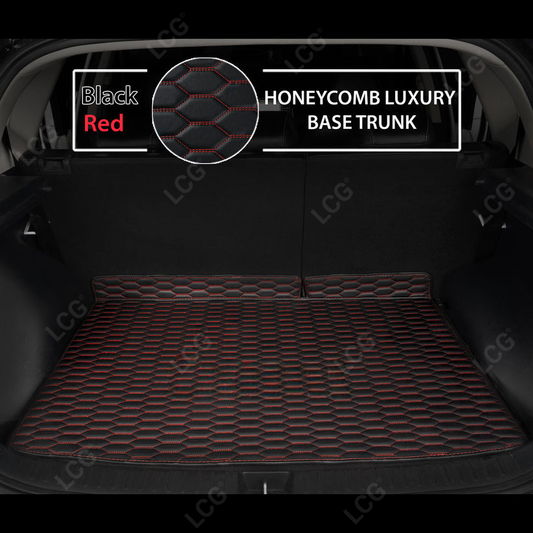 BLACK & RED STITCHING HONEYCOMB LUXURY BASE TRUNK CAR MATS SET