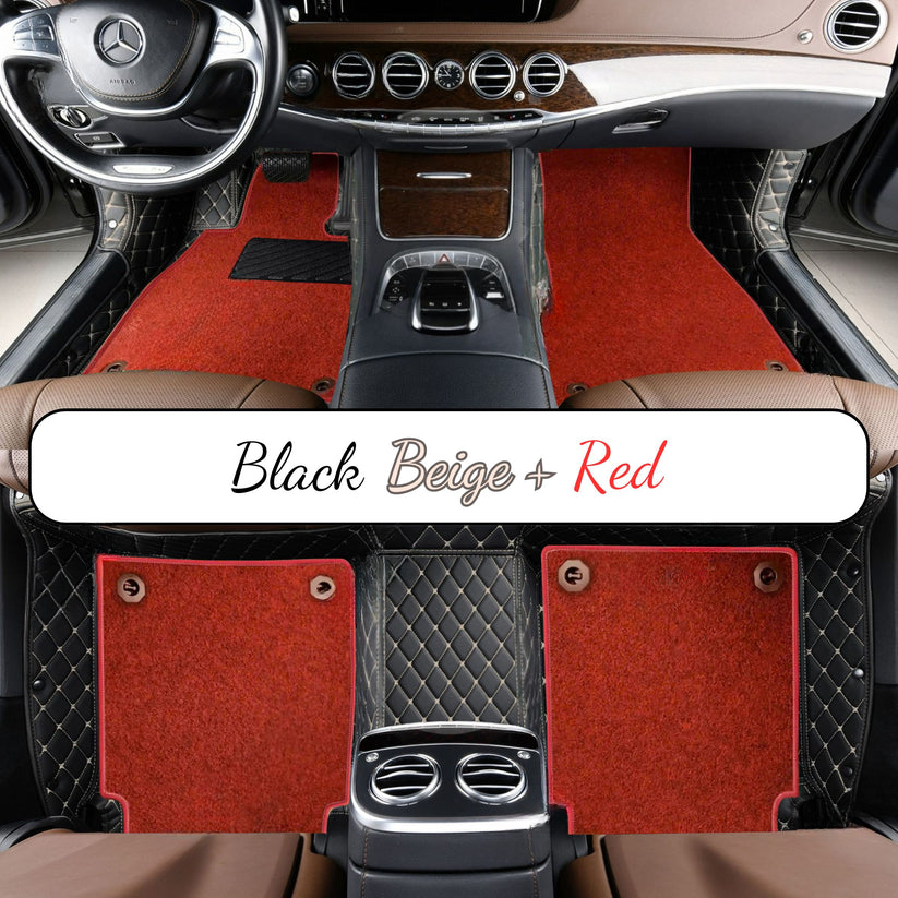 BLACK & BEIGE STITCHING DIAMOND BASE WITH RED TOP CARPET DOUBLE LAYER CAR MAT SET