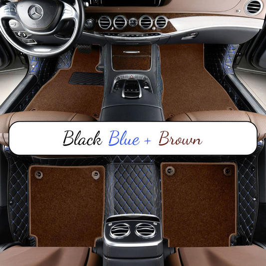 BLACK & BLUE STITCHING DIAMOND BASE WITH BROWN TOP CARPET DOUBLE LAYER CAR MAT SET