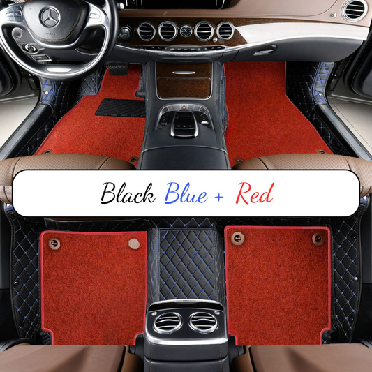 BLACK & BLUE STITCHING DIAMOND BASE WITH RED TOP CARPET DOUBLE LAYER CAR MAT SET