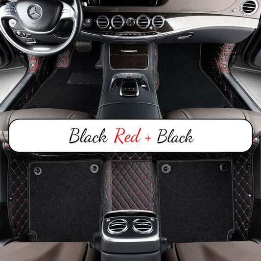 BLACK & RED STITCHING DIAMOND BASE WITH BLACK TOP CARPET DOUBLE LAYER CAR MAT SET