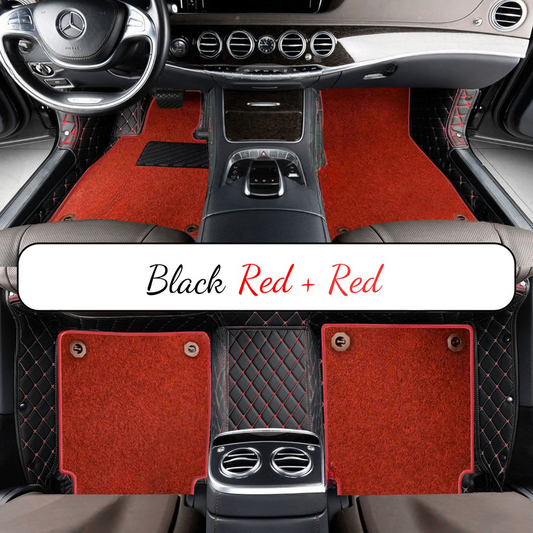 BLACK & RED STITCHING DIAMOND BASE WITH RED TOP CARPET DOUBLE LAYER CAR MAT SET