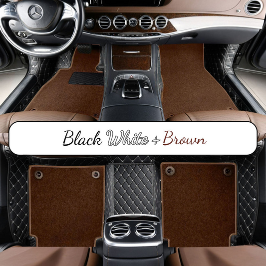 BLACK & WHITE STITCHING DIAMOND BASE WITH BROWN TOP CARPET DOUBLE LAYER CAR MAT SET