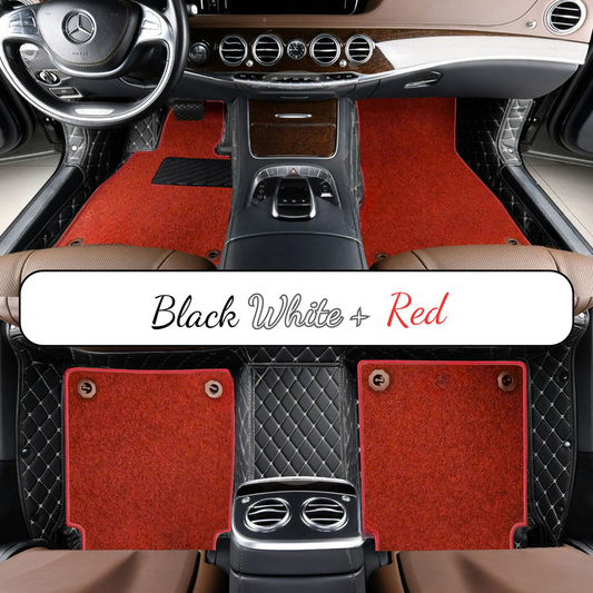 BLACK & WHITE STITCHING DIAMOND BASE WITH RED TOP CARPET DOUBLE LAYER CAR MAT SET